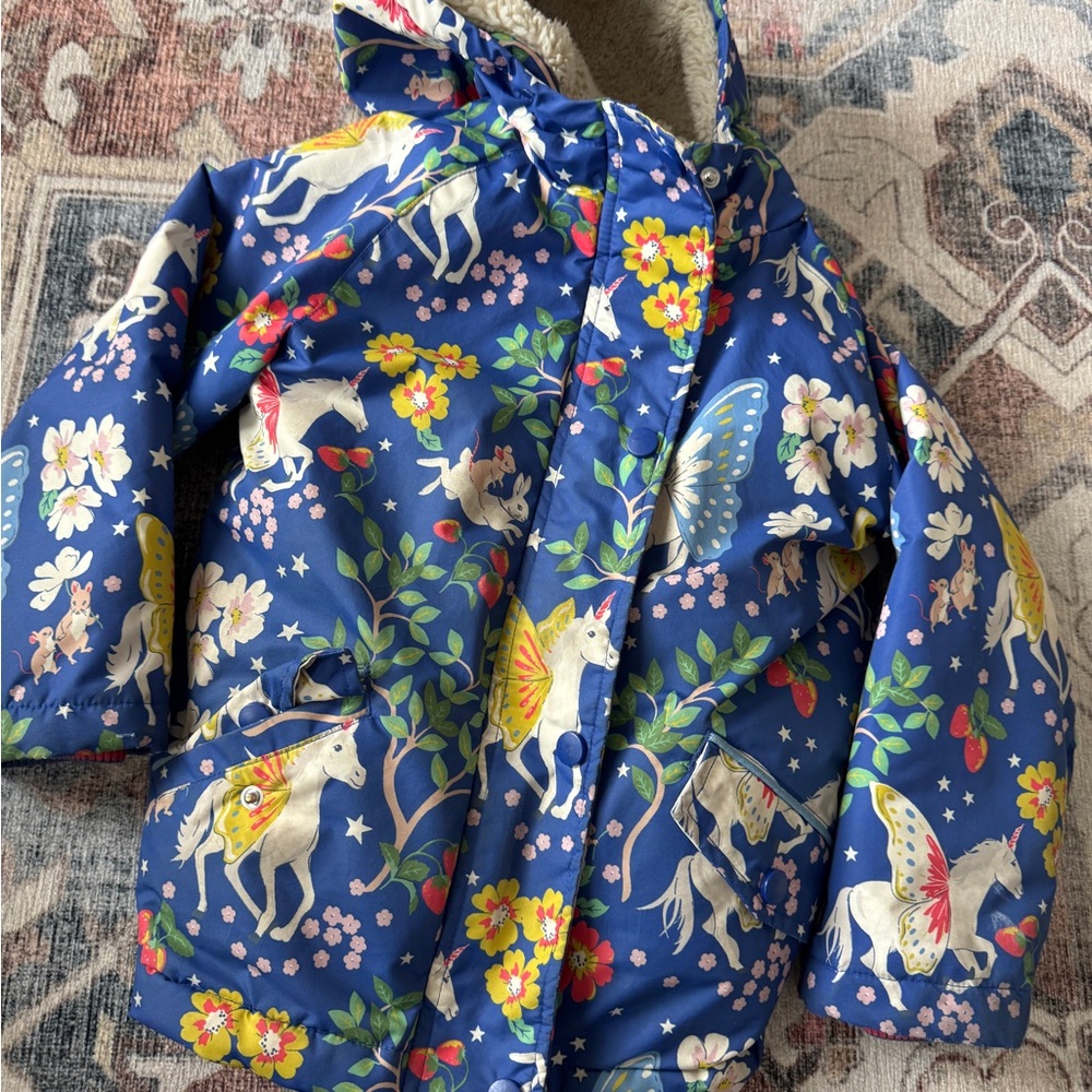 Mini Boden Blue Unicorn & Butterfly Hooded Puffer Coat